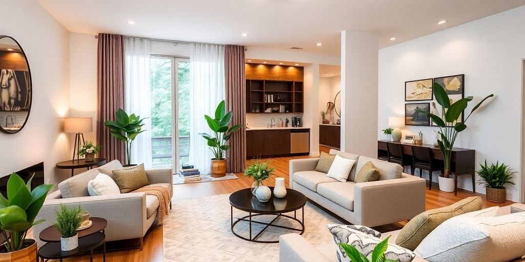 Modern remodeled living space with stylish decor and plants.