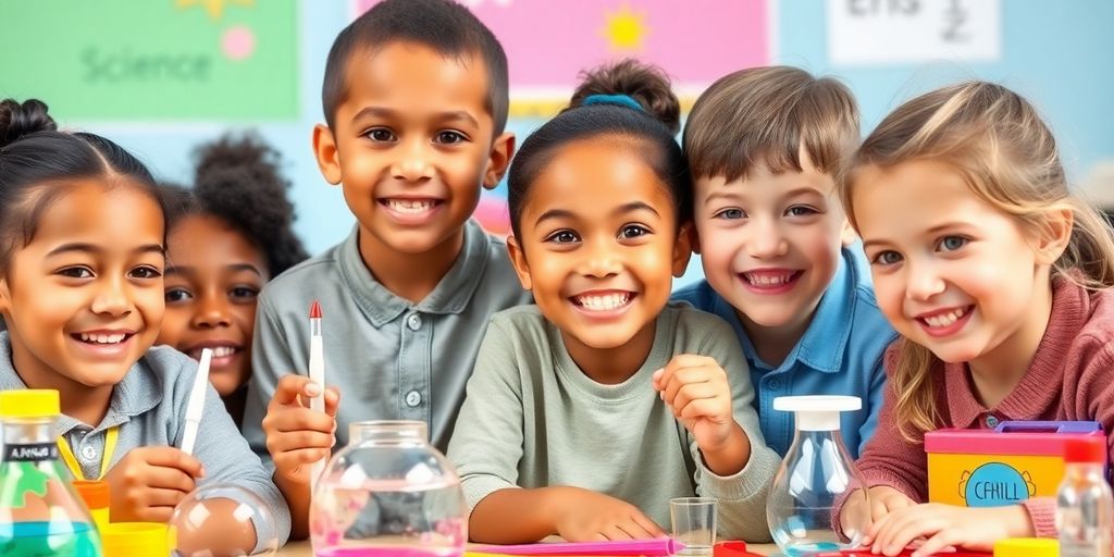 Children exploring science gifts with excitement and curiosity.