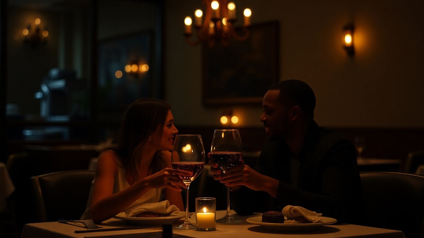 Couple partageant un repas romantique à la lueur des bougies.