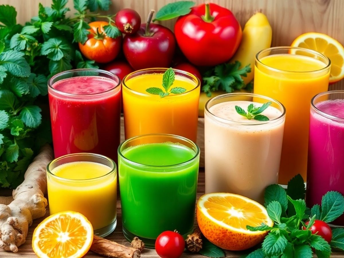 Colorful juices with healing herbs and spices for gut health.