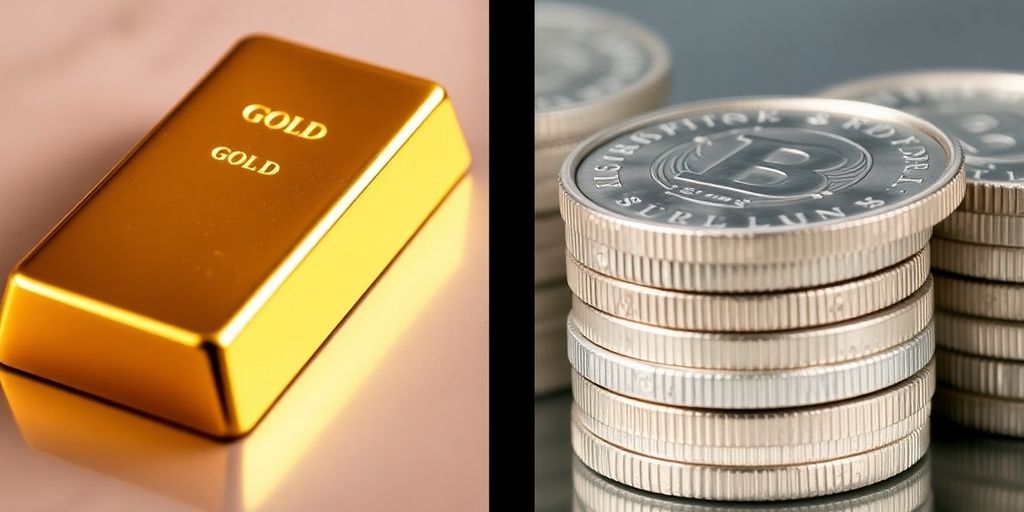Barre d'or et pièces d'argent en comparaison.