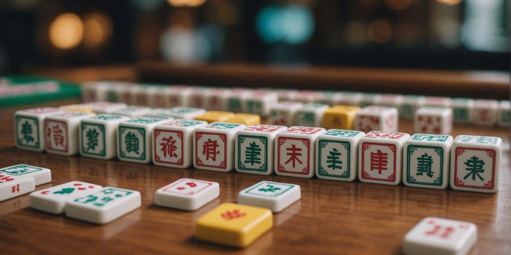 Mahjong character tiles displayed on a wooden table surface.
