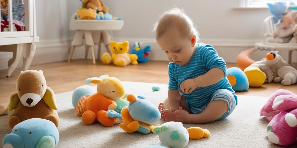 baby playing with soft toys in a nursery
