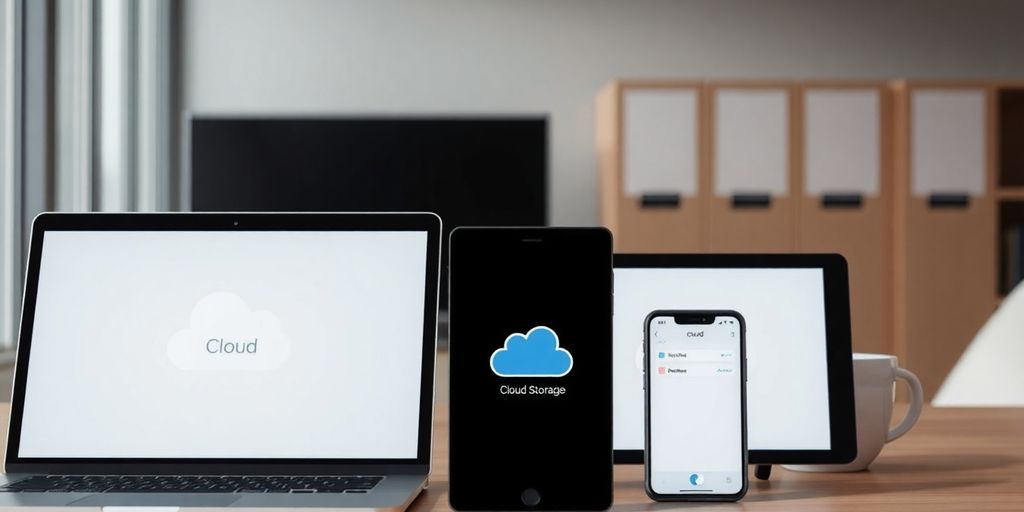 Modern devices in an office showcasing cloud storage options.