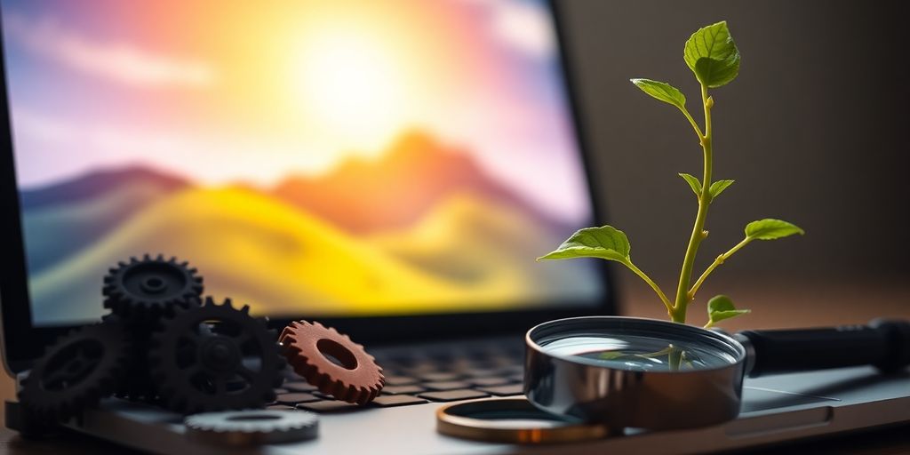 Laptop, magnifying glass, gears, and growing plant.