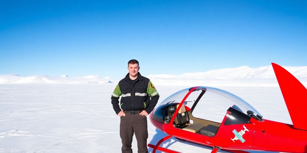 A professional pilot stands by a helicopter on an Alaskan glacier.