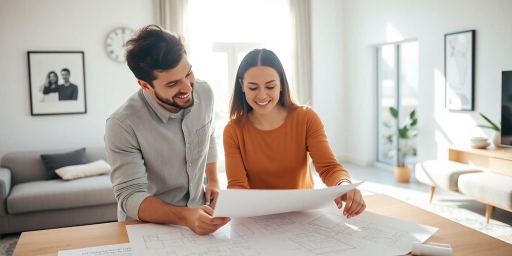 Happy couple reviewing home renovation plans.