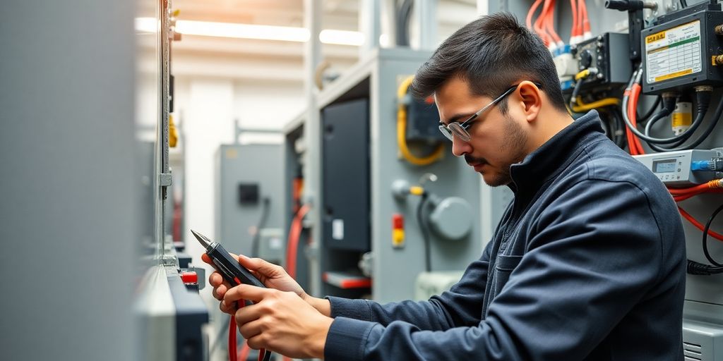 Técnico em eletrotécnica trabalhando com equipamentos elétricos.