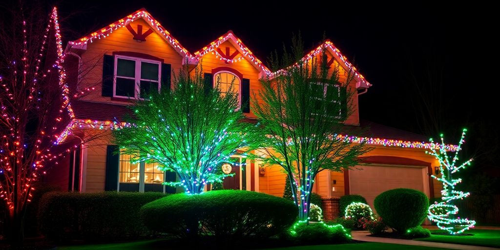 House with colorful Christmas lights at night