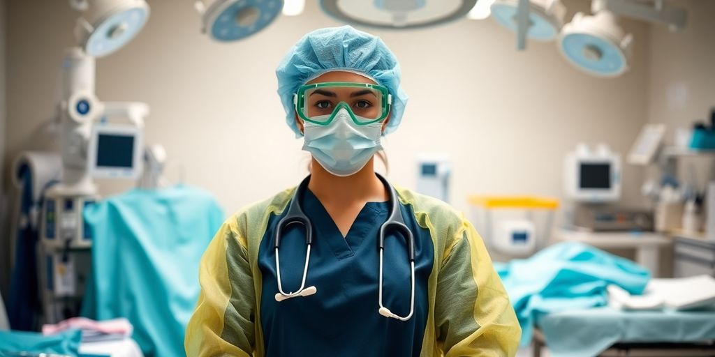 Healthcare worker in PPE in a hospital environment.