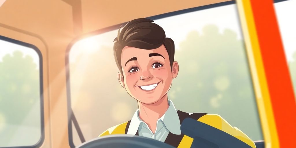 Bus driver smiling inside a bus.