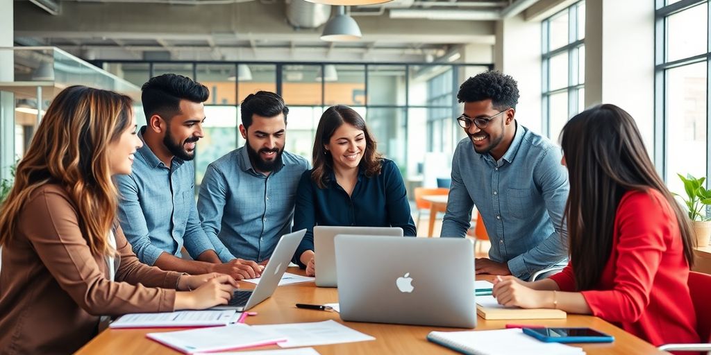 Group of entrepreneurs collaborating in a modern office.