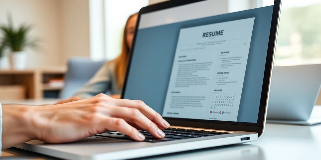 Laptop, resume on screen, person smiling