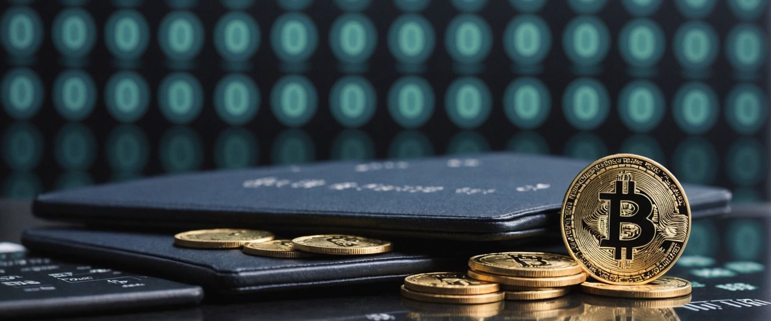 Digital wallet with coins Digital wallet with coins and binary code
