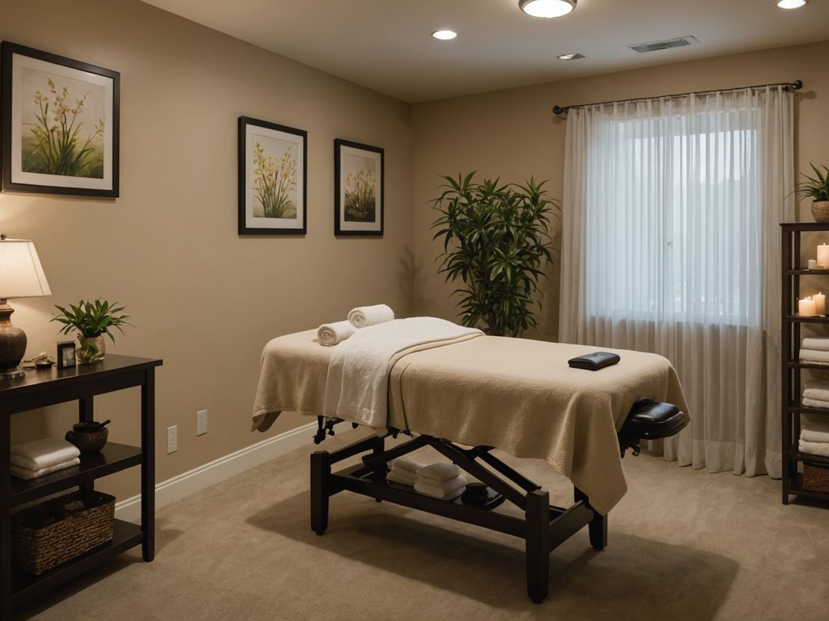Peaceful massage room with soft lighting and decor