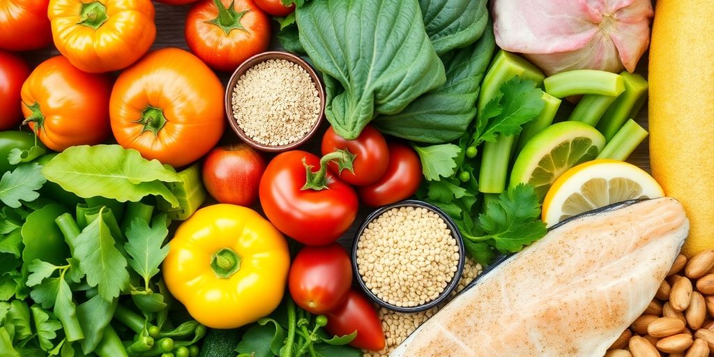 Healthy heart foods like fruits, vegetables, and fish.
