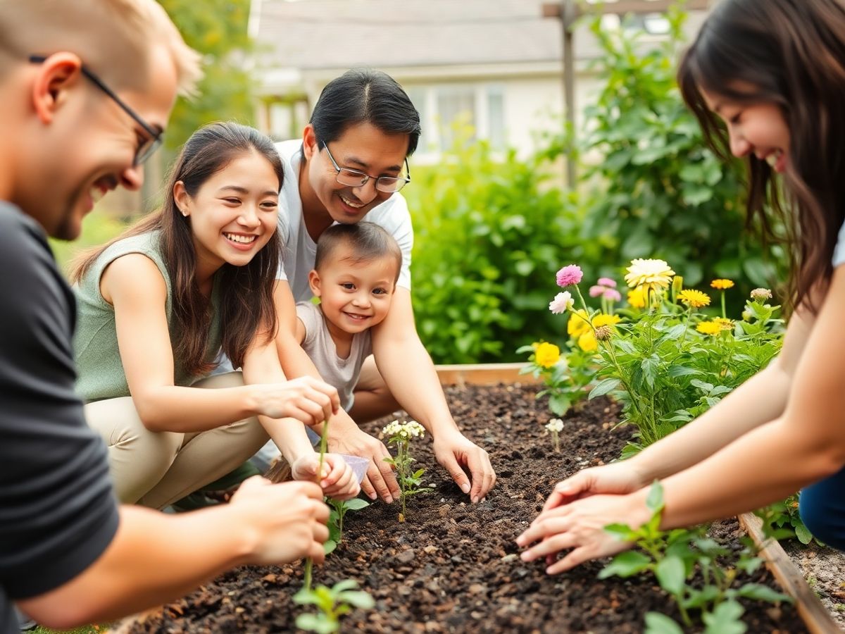 Familie voluntari în grădina comunității, plantați flori.