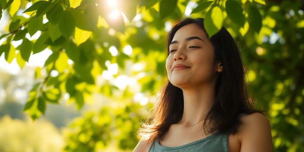 Person meditating peacefully in a serene natural setting.