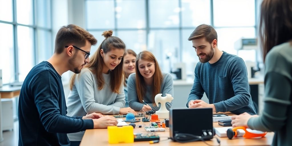 University innovation lab, students collaborating.