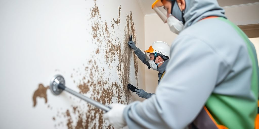Professional team removing mold from a home wall.