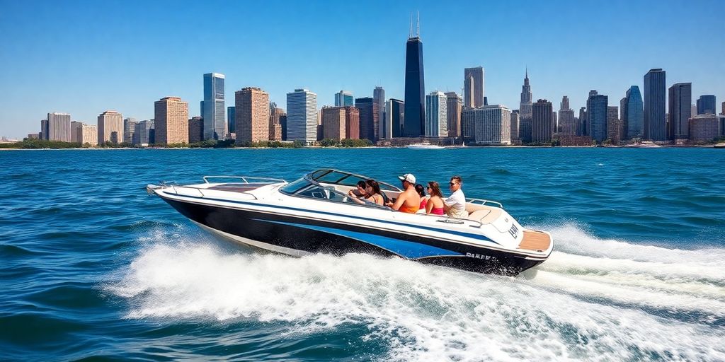 Speedboat on Chicago lakefront with city skyline backdrop.
