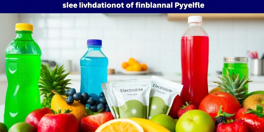 Assorted electrolyte-rich foods and drinks on a kitchen counter.