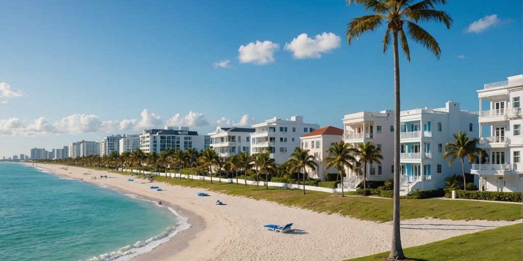 Miami Beach homes with palm trees and blue skies.