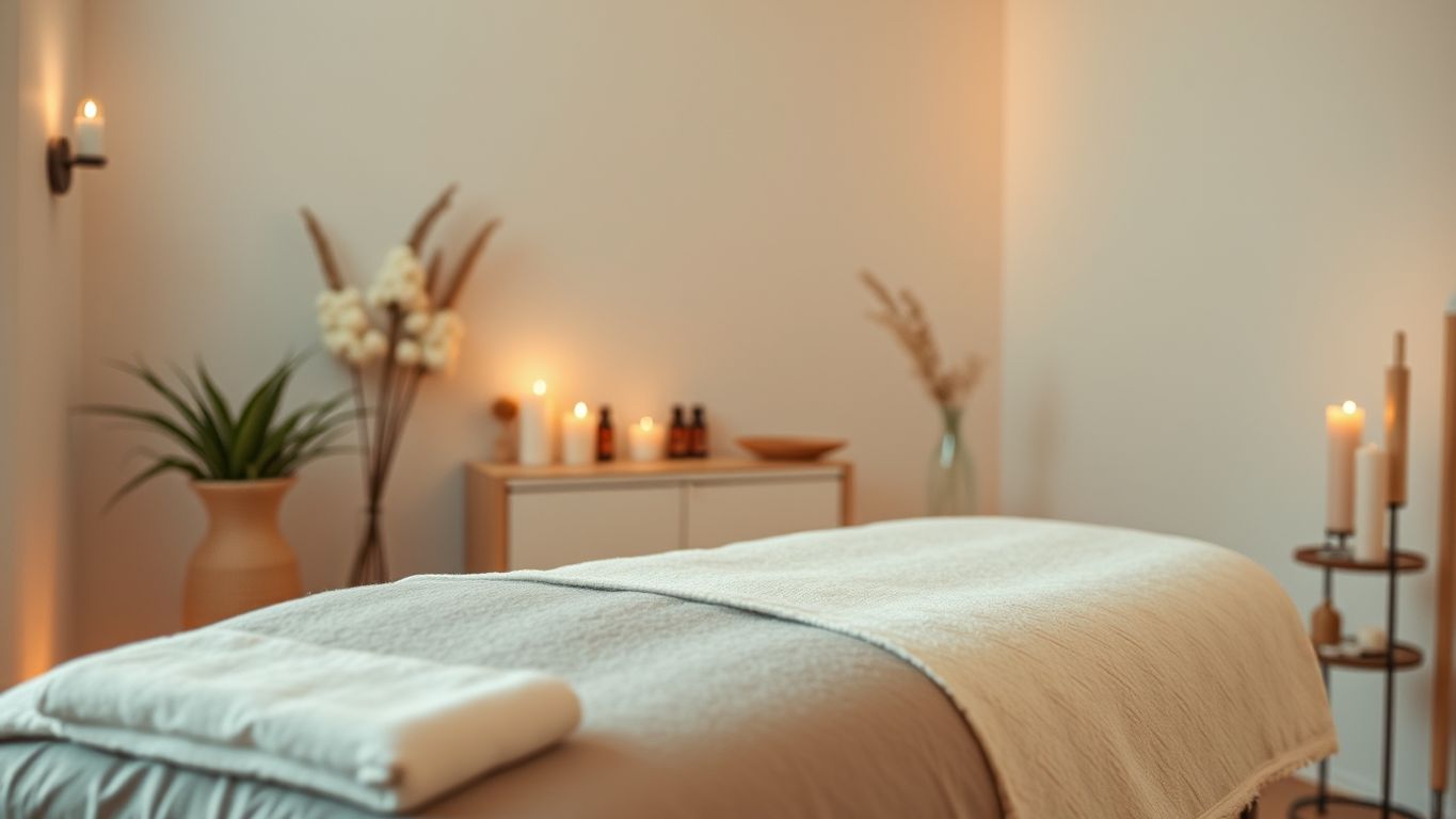 Serene spa setting with massage table and candles