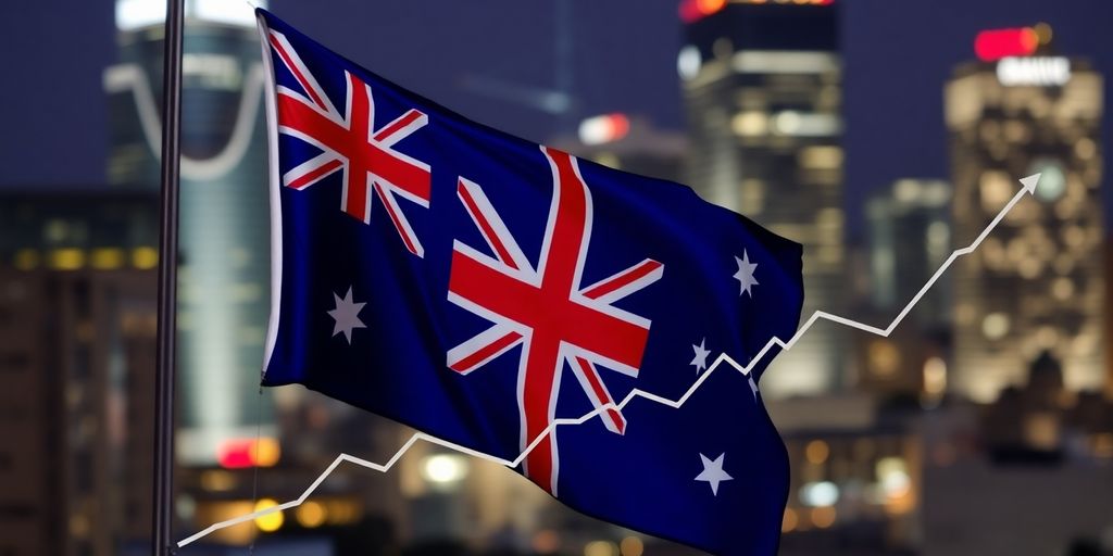 Australian flag with an upward trending financial graph.