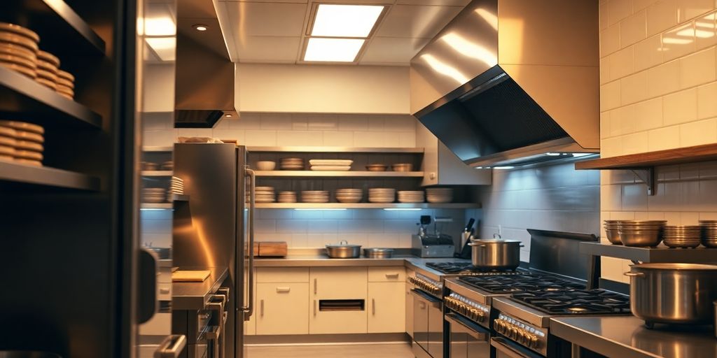 Modern kitchen interior with stainless steel appliances.