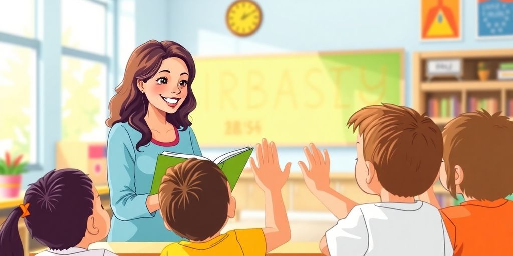 Teacher with students, diverse classroom.