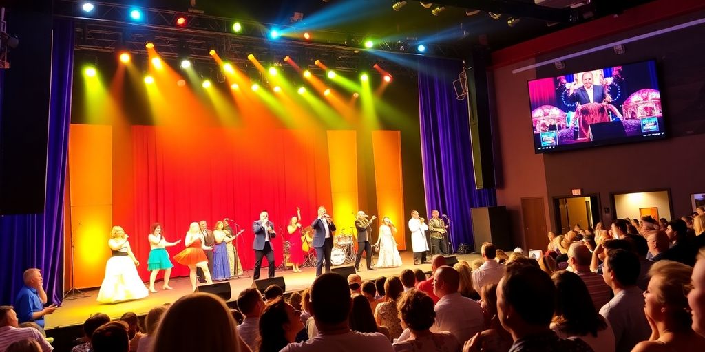 Colorful performers on stage at a Branson dinner show.