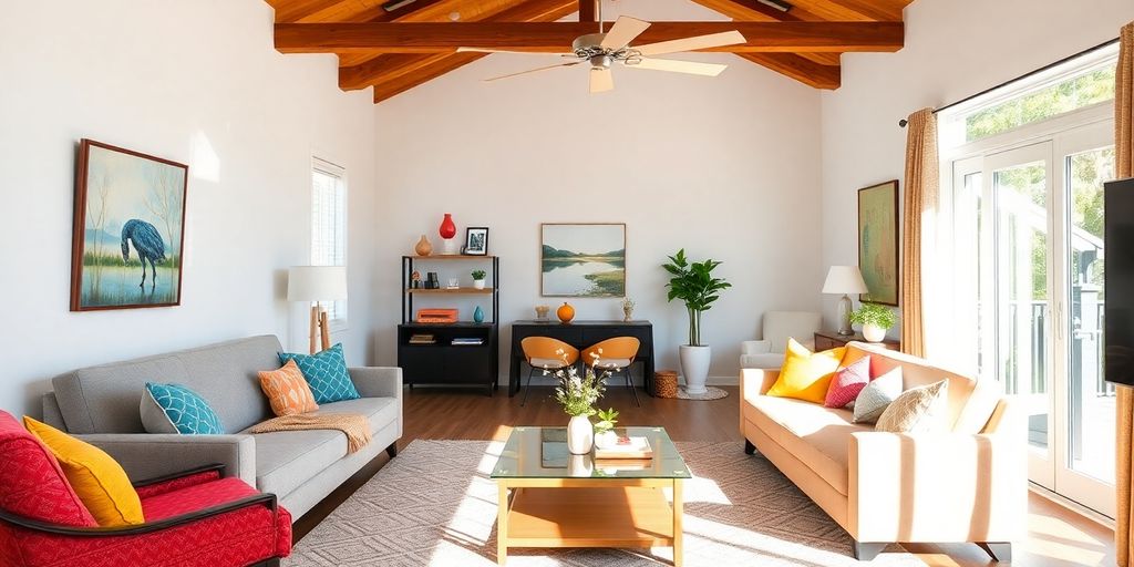 Modern remodeled living room with bright decor and furniture.