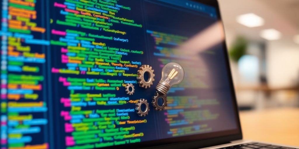 Laptop with code, gears, and a lightbulb.