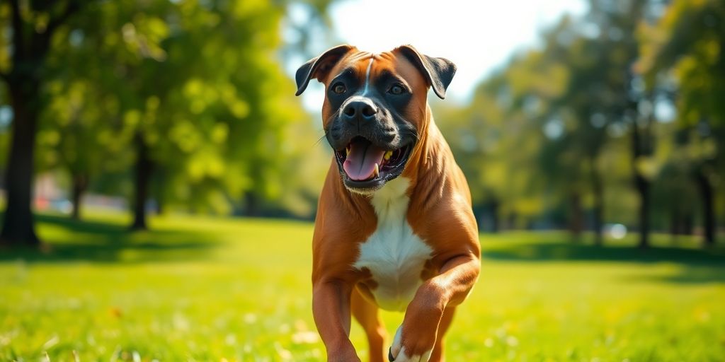Boxer brincando em parque ensolarado.