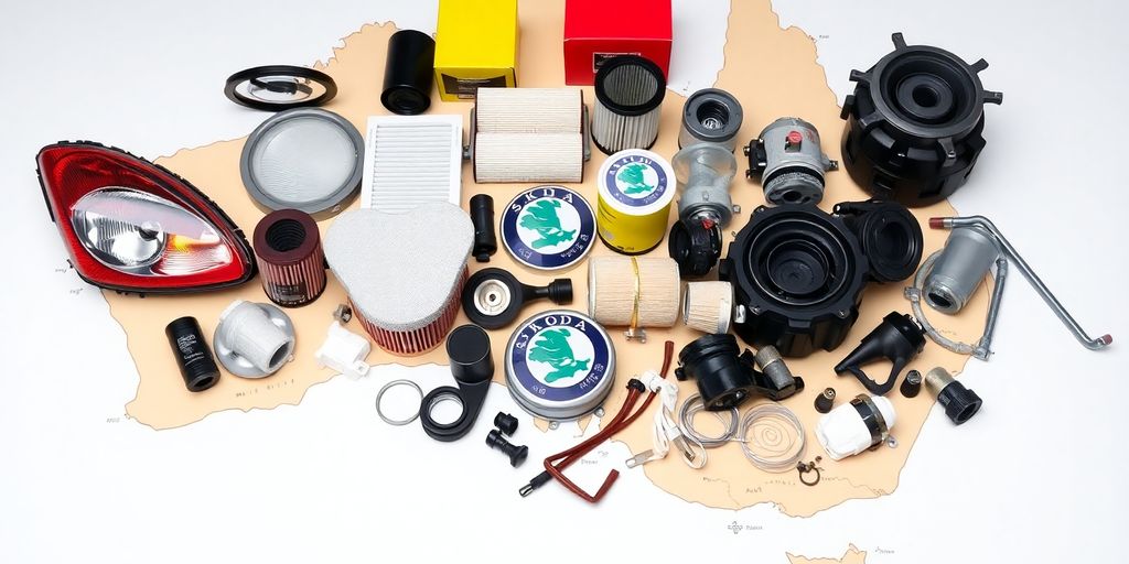 Skoda car parts laid out on an Australian map.