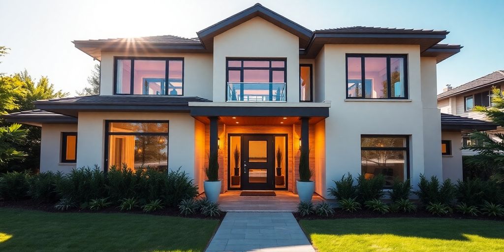 Modern custom home, elegant design, inviting entrance.