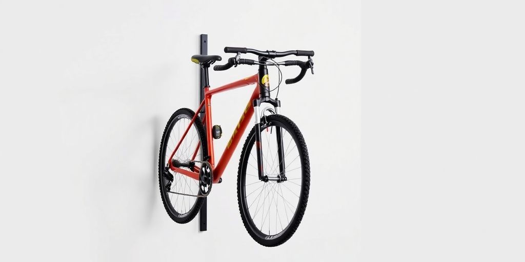 Vertical bike mount with bicycle on a clean wall.