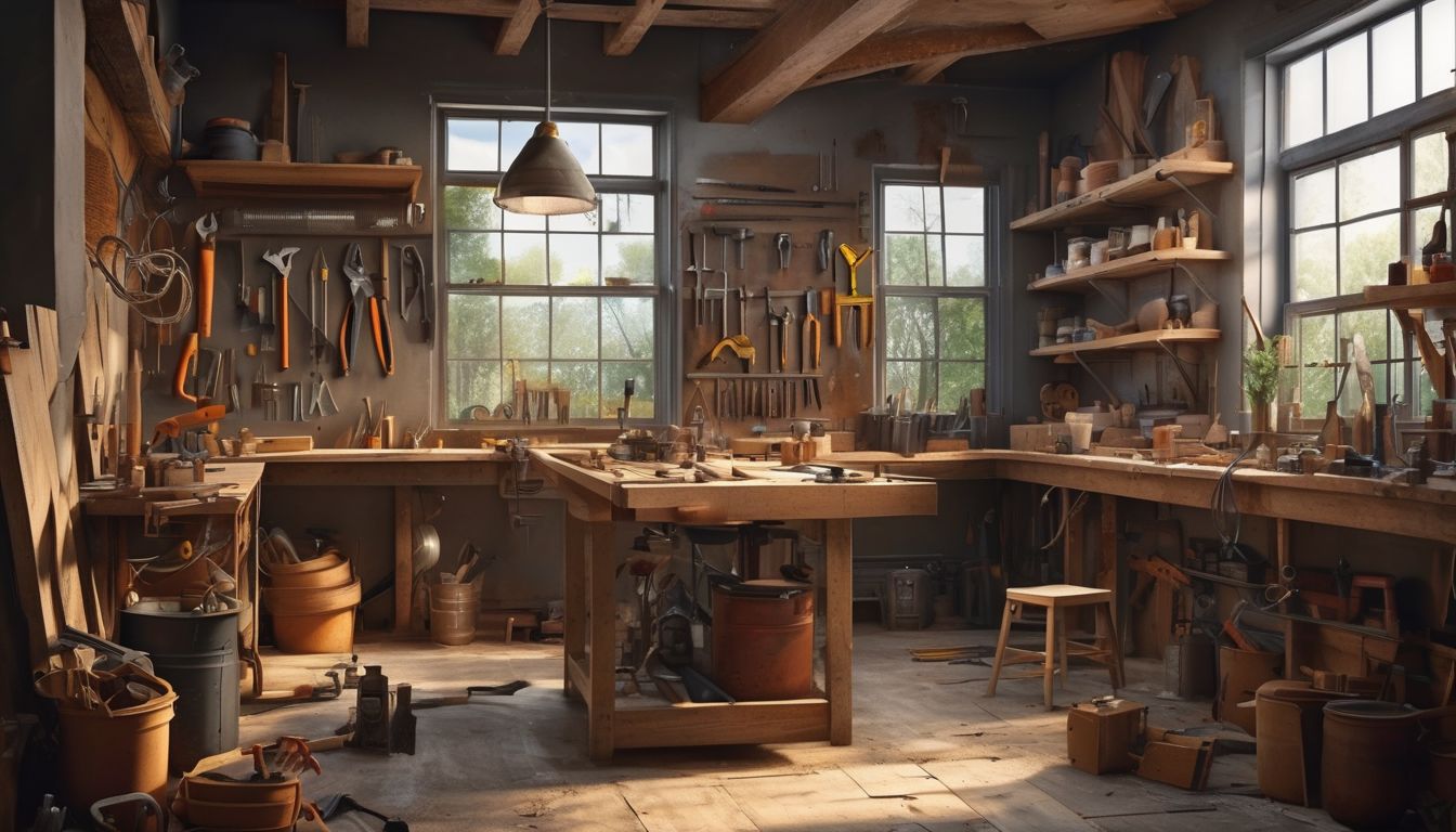 DIY enthusiast with essential hand tools in a workshop
