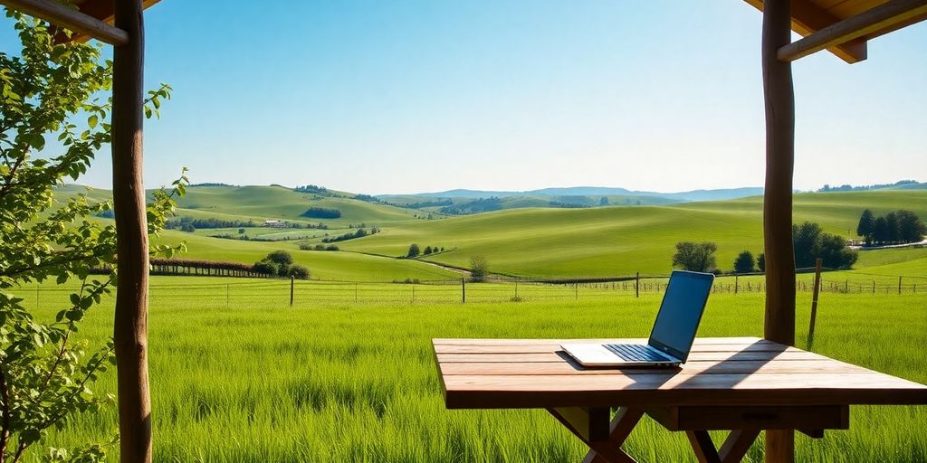 Cozy workspace at a farm stay in nature.
