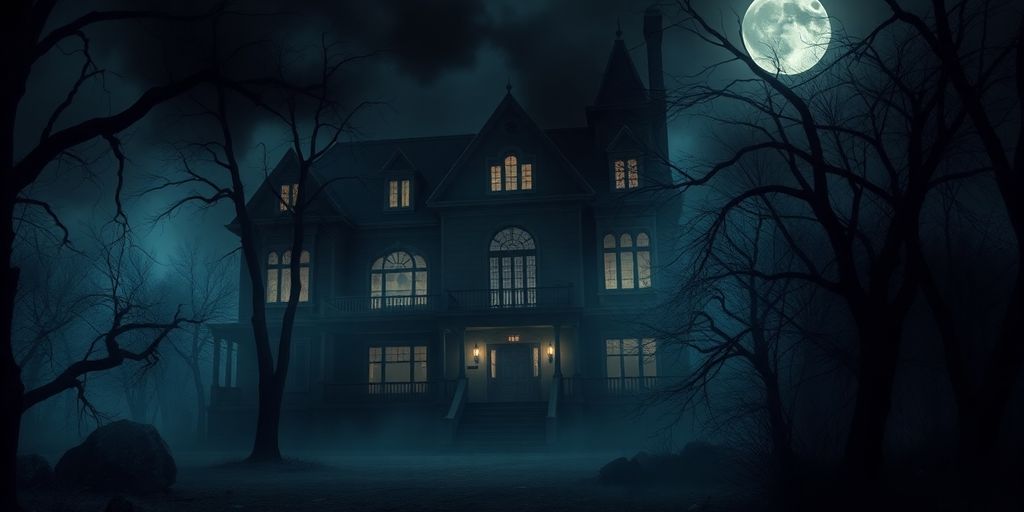 Scène sombre d'un manoir abandonné dans le brouillard.