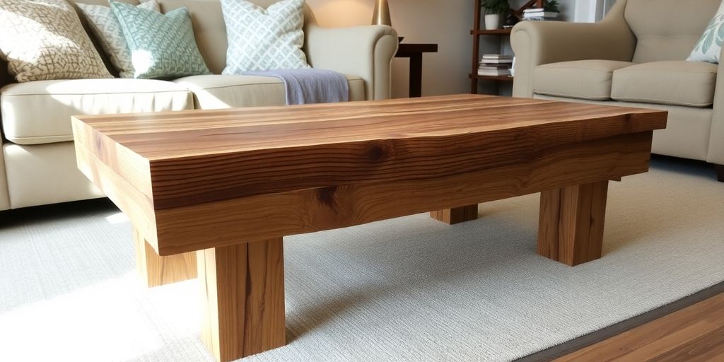 Rustic coffee table made from reclaimed wood in living room.
