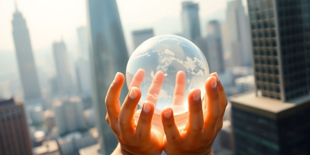Manos sosteniendo globo terráqueo sobre fondo de ciudad.