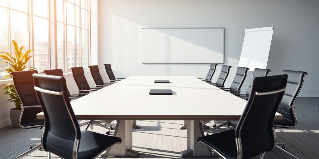 A modern office conference room with natural light.