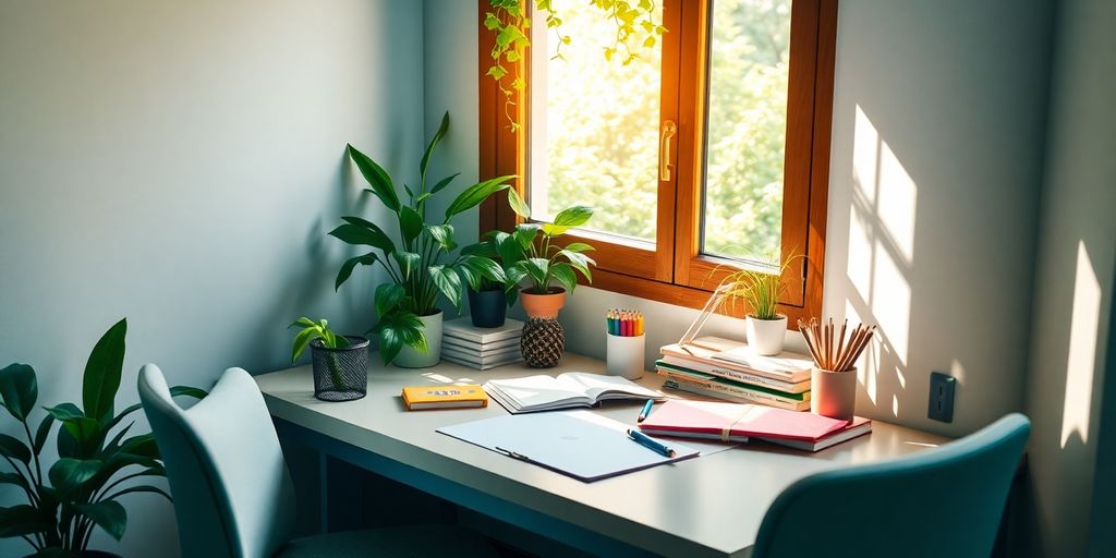 Aesthetic study space with natural light and plants.