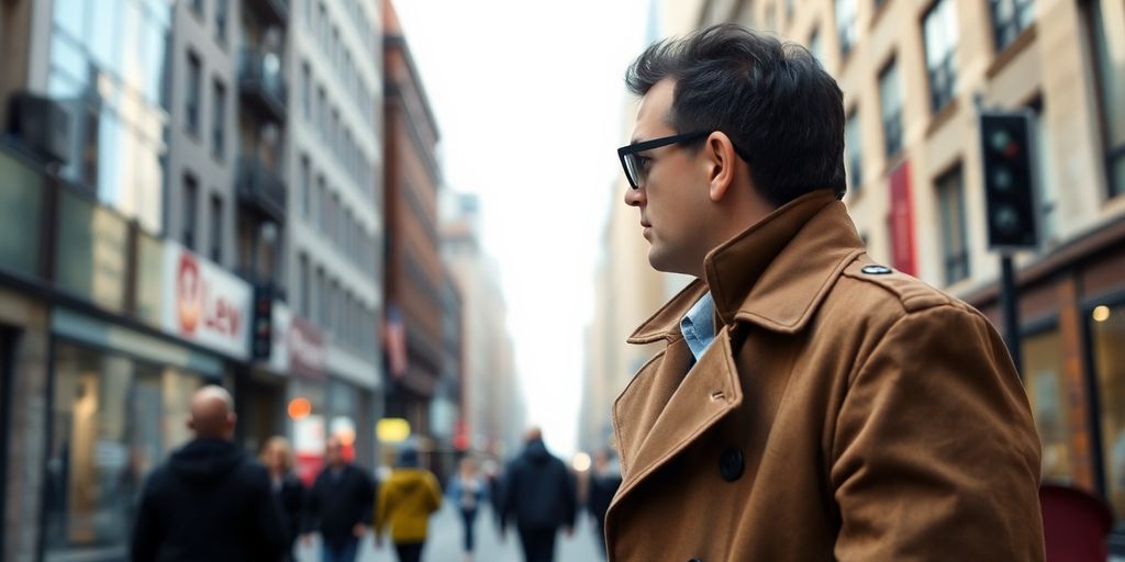 Private investigator surveying urban scene with discretion.