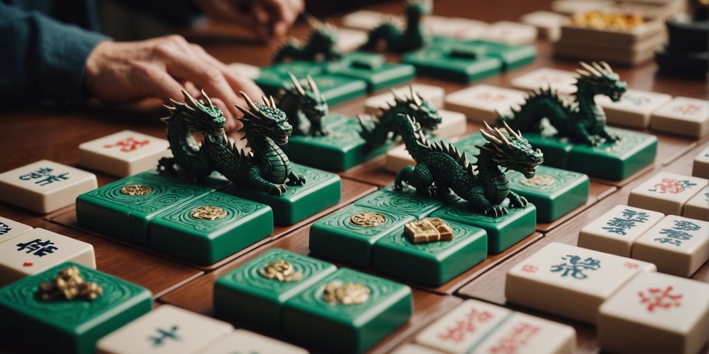 Close-up of Mahjong dragon tiles in strategic play.