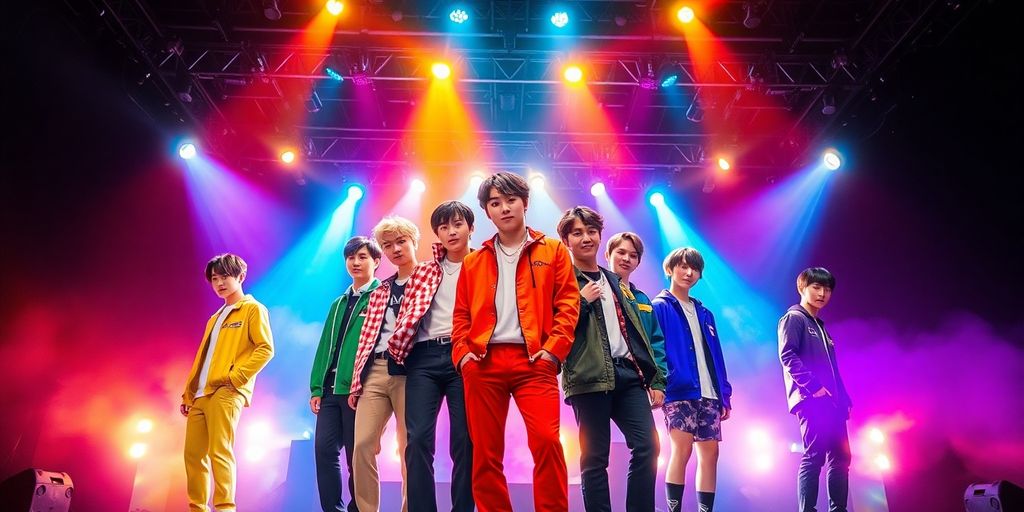 Stray Kids members in vibrant stage outfits.