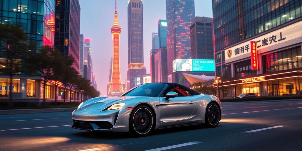 Porsche car driving through a bustling Chinese city street.