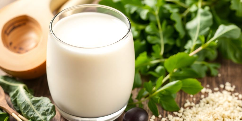 Soy milk and olive oil in a glass with herbs.